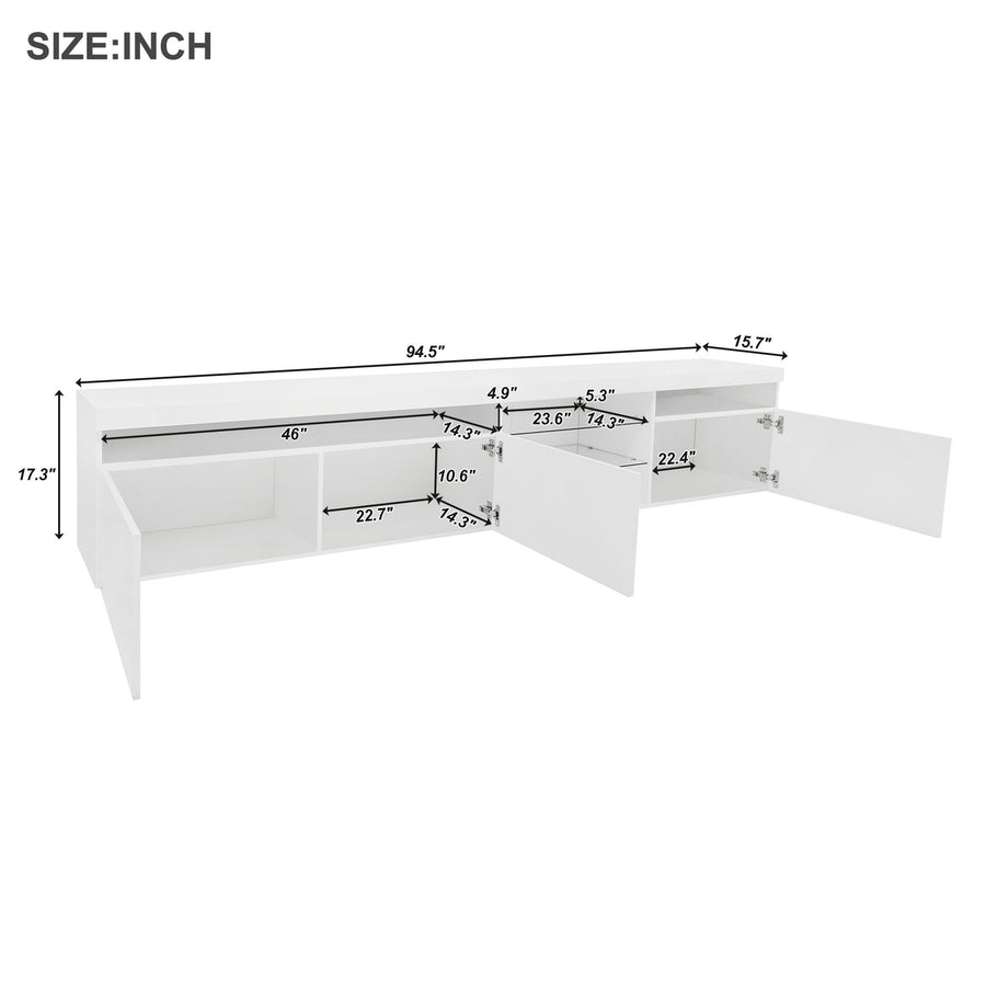94.5" Extra-Long TV Stand with Glass Shelves and App-Controlled LED Lights, White, view 8