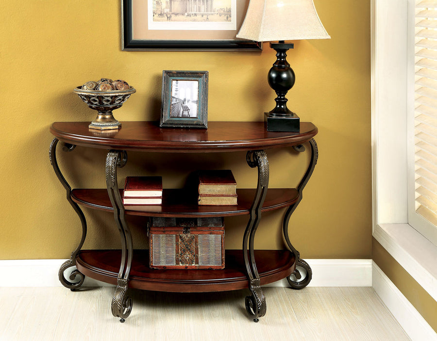 Traditional Brown Cherry Sofa Table - Ornate Design Open Bottom Shelf