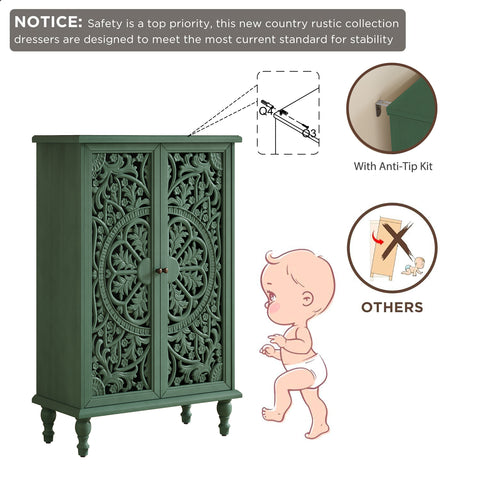 Farmhouse Accent Cabinet with Carved Hollow Doors and Turned Legs, Antique Green, view 10