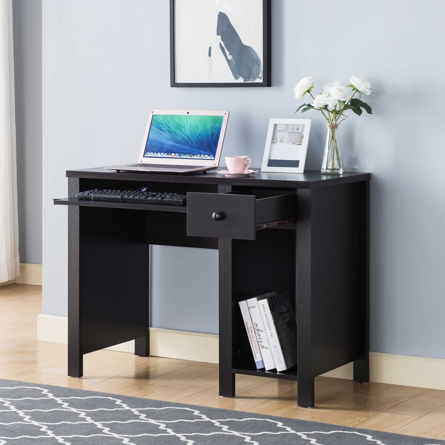 Compact 39'W Office Desk - Red Cocoa Espresso 1 Drawer Keyboard Drawer Wooden Knob