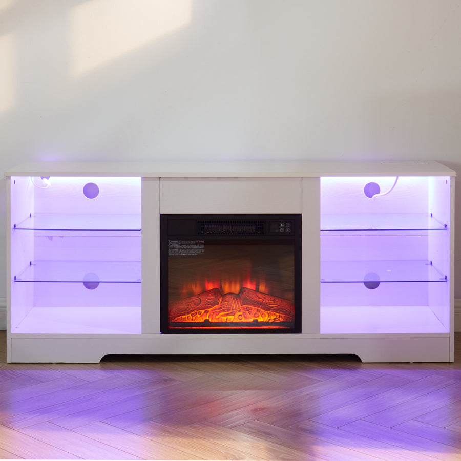 Electric Fireplace TV Stand with LED Lights and Glass Shelves, White, view 11