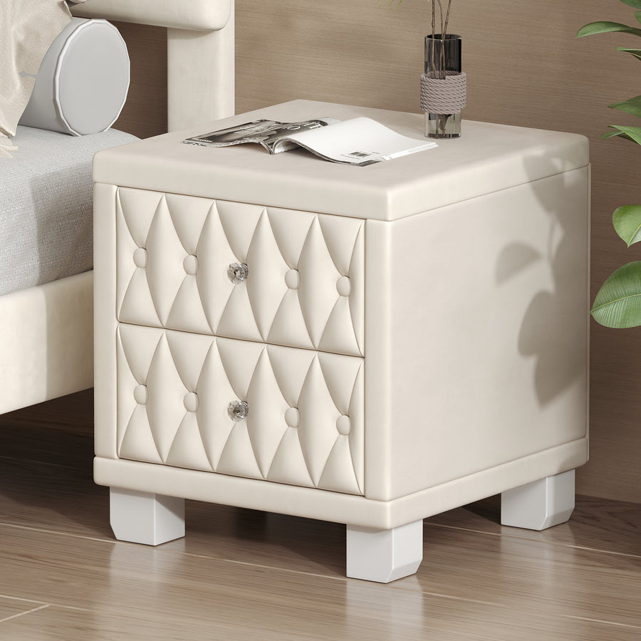 Beige Velvet 2-Drawer Nightstand with Crystal Handles – Button-Tufted Bedside Storage Table