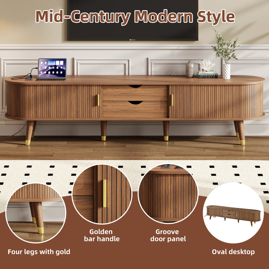 Fluted Oval TV Stand with Charging Station, Walnut, view 4