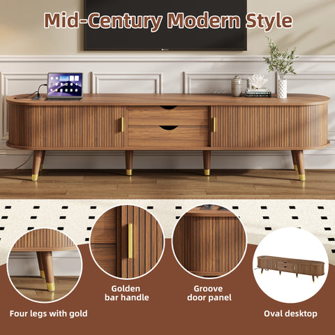 Fluted Oval TV Stand with Charging Station, Walnut, view 4