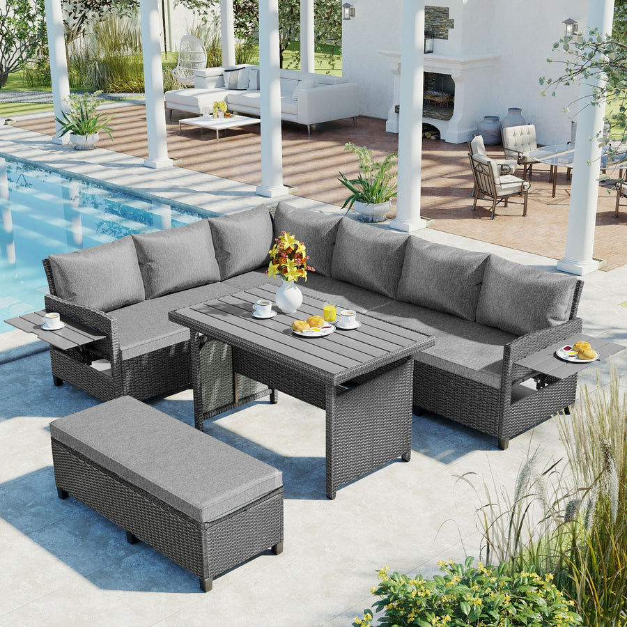 5-Piece Wicker Patio Sectional Set with Dining Table and 2 Extendable Side Tables, Gray