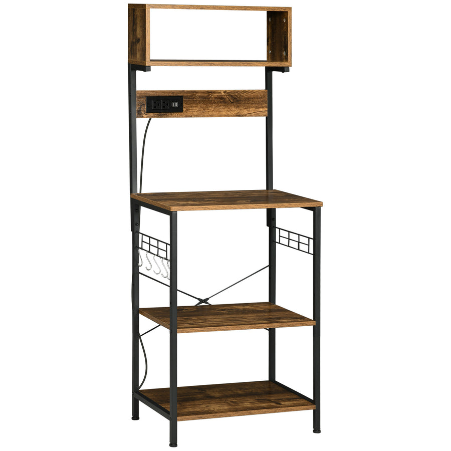 1PC HOMCOM Rustic Brown Bakers Rack - Power Outlet + USB + 5 Hooks