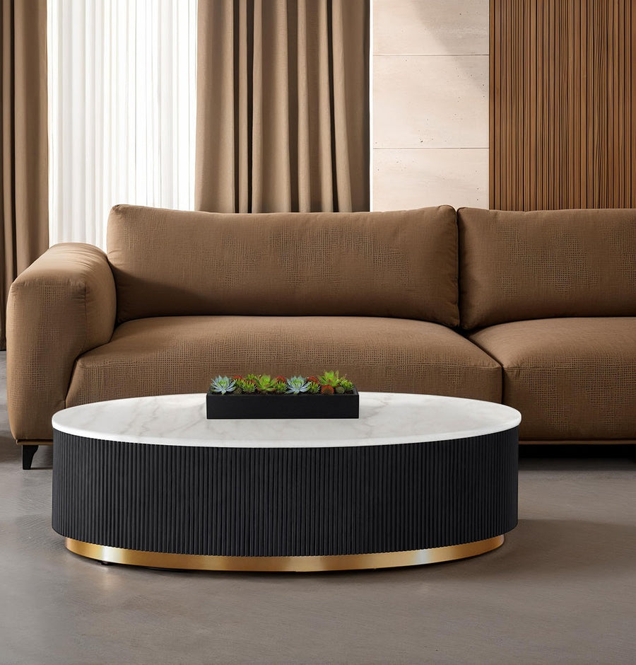 Contemporary Oval Cocktail Table - Marble Top Gold Accent Plinth Base (Black White Gold)