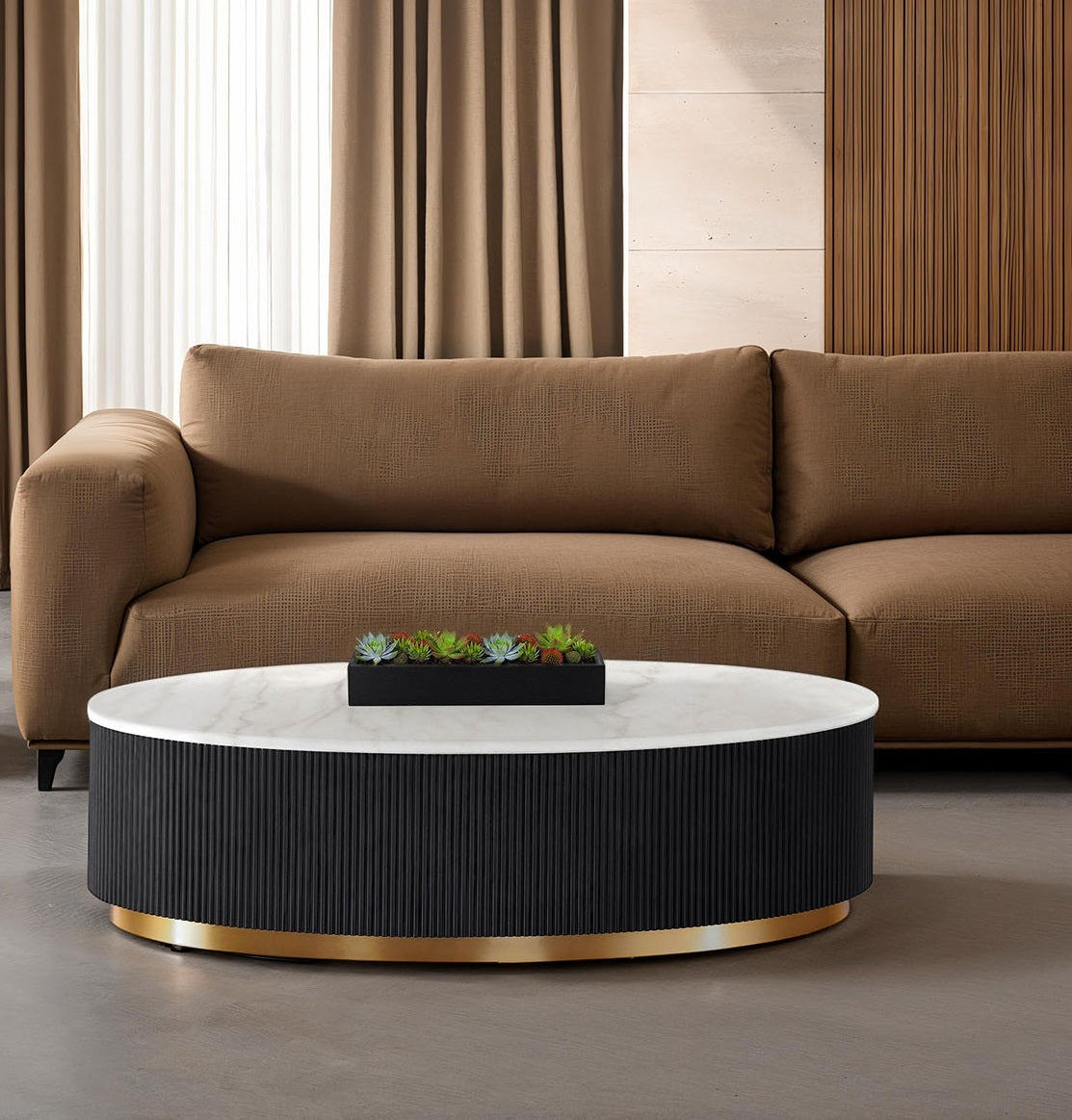 Contemporary Oval Cocktail Table - Marble Top Gold Accent Plinth Base (Black White Gold)