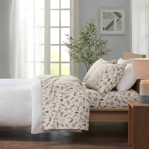 4-Piece Queen Printed Sheet Set,Tan Woodland Winter