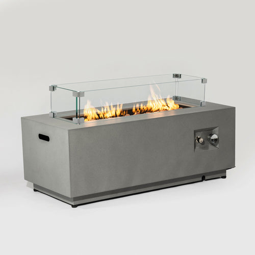 Propane Fire Pit Table with Glass Wind Guard, 42" 50,000 BTU Rectangular Steel, Gray