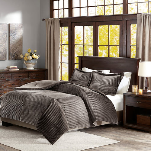 Plush Down Alternative Comforter Set with 2 Shams, King/Cal King, Brown Grey