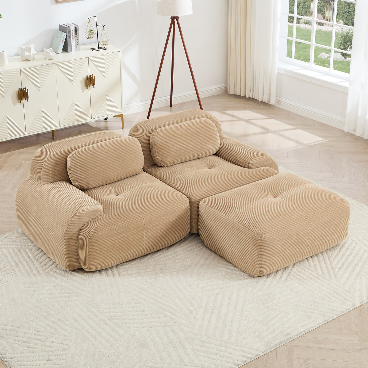 Camel Soft Corduroy L-Shaped Sofa | 82' Modular Curved Armrest No-Assembly