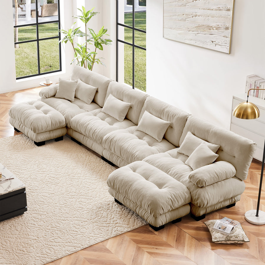 Light Coffee & White Chenille 4-Piece Free Combination Modular Sectional Sofa | 4-Seater U-Shaped Comfy Cloud Couch with 2 Ottomans