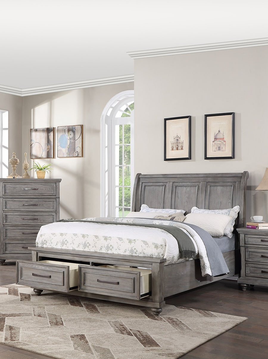 Vintage Queen Sleigh Bed with Under-Bed Storage Drawers, Antique Gray, view 5