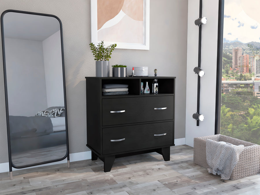 Portanova Black 2-Drawer Dresser with Open Shelves