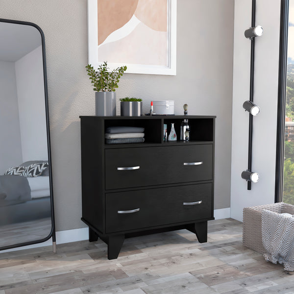 Portanova Black 2-Drawer Dresser with Open Shelves