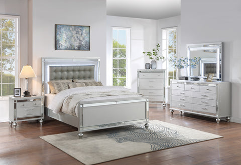 Tufted Faux Leather King Bed with LED Lights and Mirror Trim, Silver, view 7