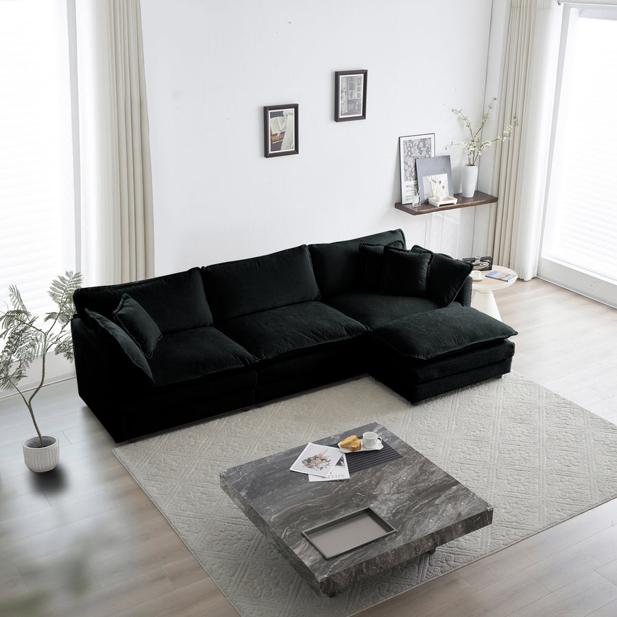 Black Chenille Oversized L-Shaped Sofa | Free-Combination Modular Reversible Ottoman