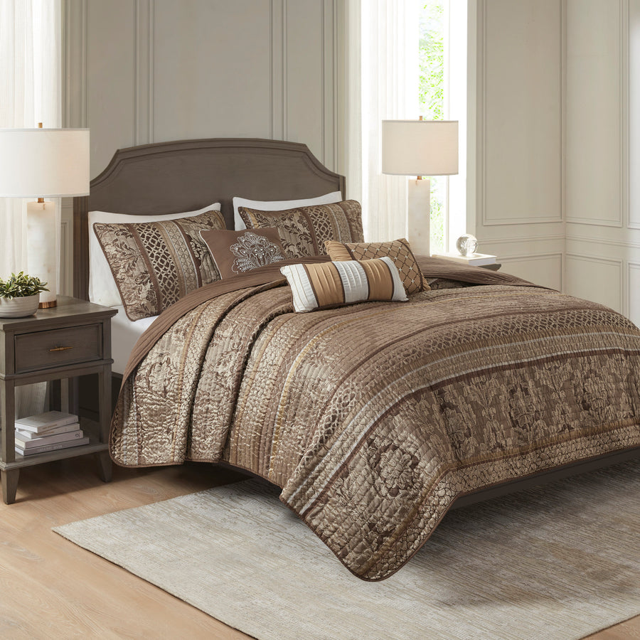King/Cal King 6-Piece Jacquard Quilt Set - Brown & Gold