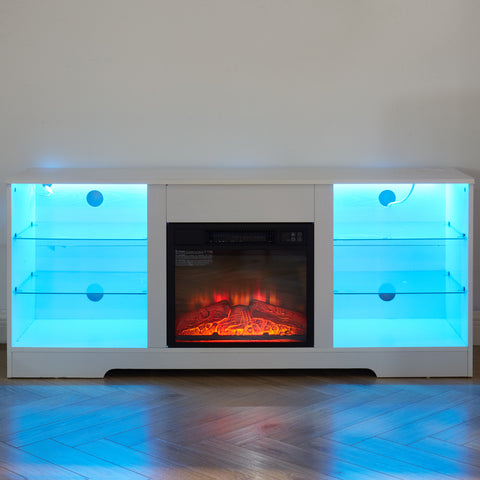 Electric Fireplace TV Stand with LED Lights and Glass Shelves, White, view 15