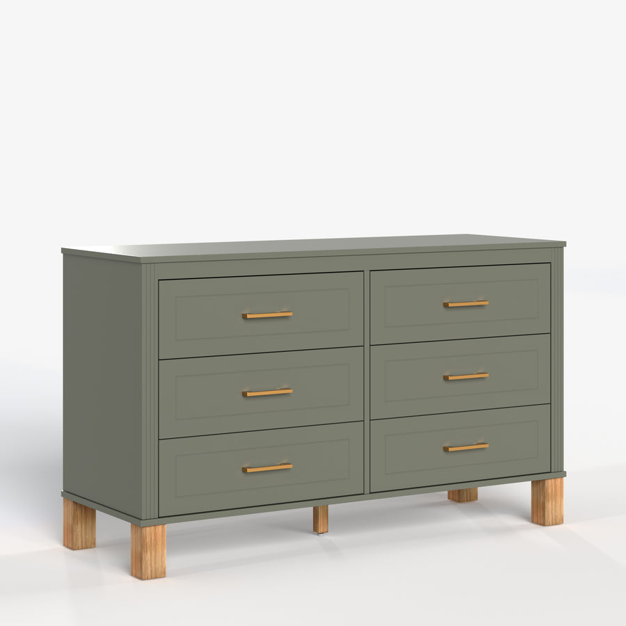 Mid-Century 6-Drawer Double Dresser with Metal Handles and Solid Wood Legs, Olive, view 12