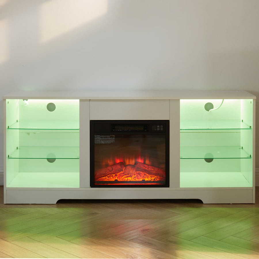 Electric Fireplace TV Stand with LED Lights and Glass Shelves, White, view 12
