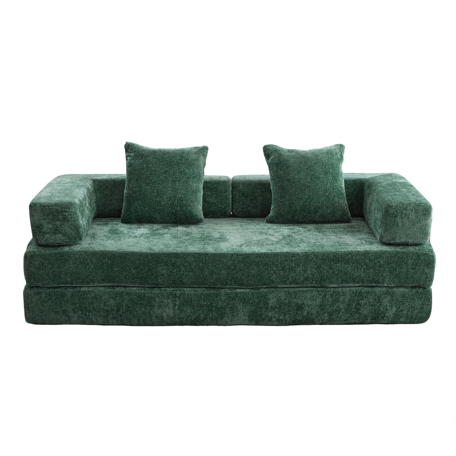 Dark Green Chenille Convertible Floor Sofa - Pillow Back & Armrest