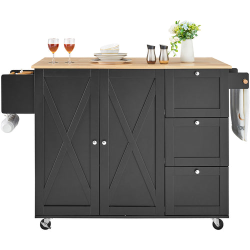 Rolling Kitchen Island Cart with 3 Drawers, 2 Cabinets and Adjustable Shelves, Black