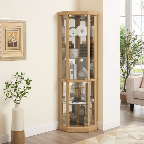 Lighted Corner Curio Cabinet with Glass Doors and Mirrored Back, Light Oak, view 4