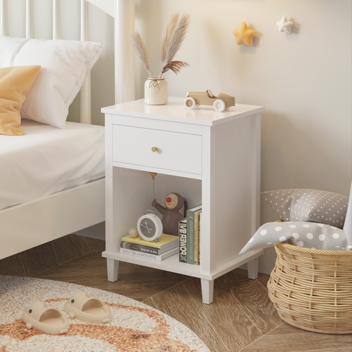 White Wooden Nightstand with 1 Drawer & Open Shelf – 26.7” Bedside Table with Gold Handle