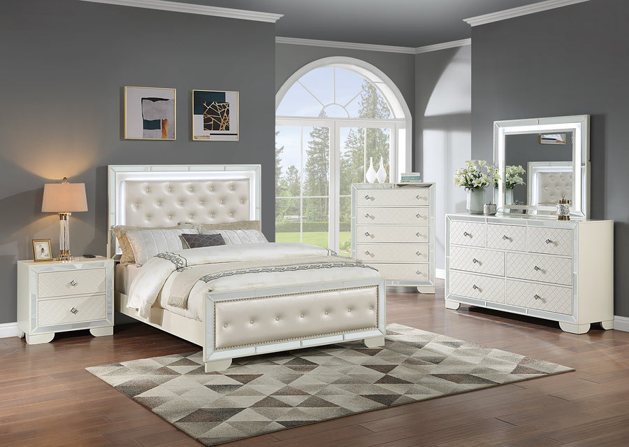 Tufted Faux Leather Queen Bed with LED Lights and Mirror Trim, Cream, view 8