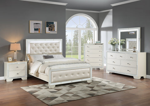 Tufted Faux Leather Queen Bed with LED Lights and Mirror Trim, Cream, view 8
