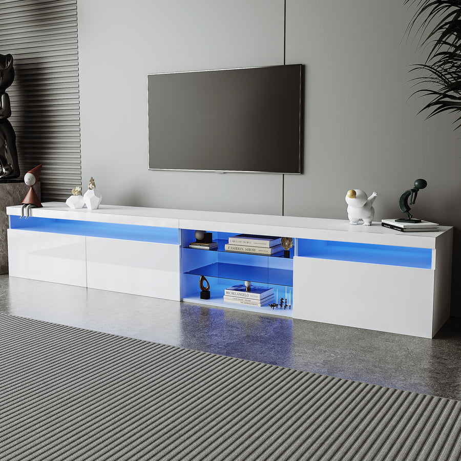 94.5" Extra-Long TV Stand with Glass Shelves and App-Controlled LED Lights, White