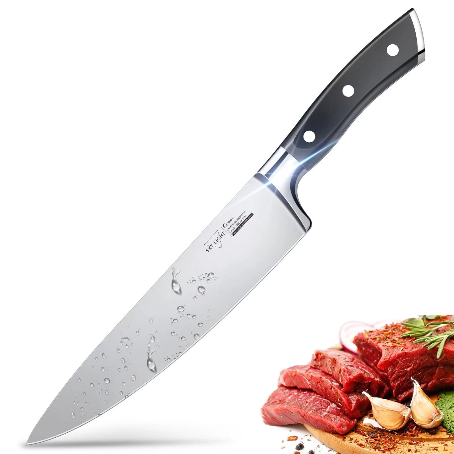 SKY LIGHT 廚師刀 - 8 英寸專業菜刀德國高碳不銹鋼廚師刀帶人體工學手柄和禮品盒