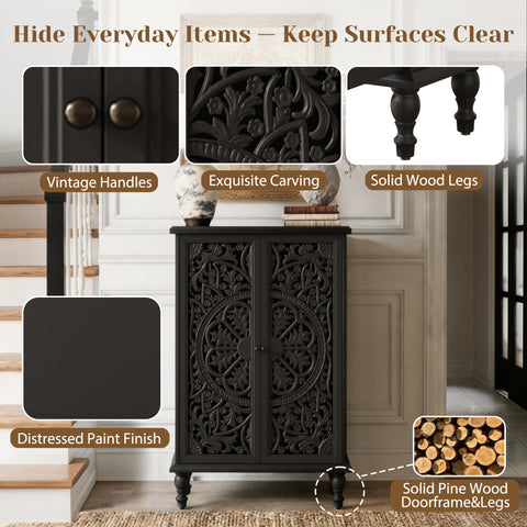 Farmhouse Accent Cabinet with Carved Hollow Doors and Turned Legs, Black, view 7