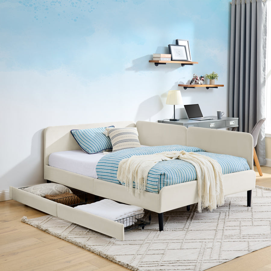 Full Size Upholstered Platform Bed Frame with 2 Storage Drawers, Adjustable Velvet Sofa Bed, Beige