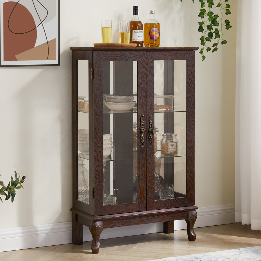 Lighted Curio Cabinet with Tempered Glass Doors and Mirrored Back, Cherry, view 5