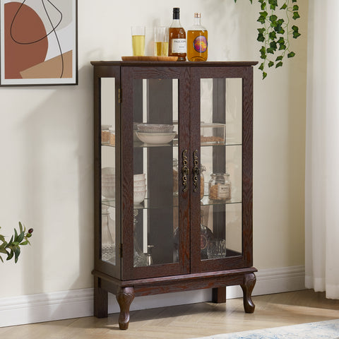 Lighted Curio Cabinet with Tempered Glass Doors and Mirrored Back, Cherry, view 5