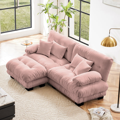Pink Chenille 2-Seat Cloud Sectional Sofa | Convertible Ottoman w/ Lumbar & Throw Pillows