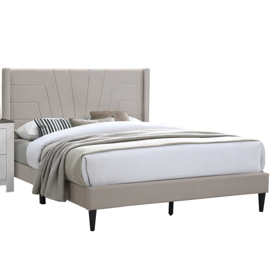 Queen Upholstered Platform Bed with Channel-Tufted Headboard, Light Brown, view 7
