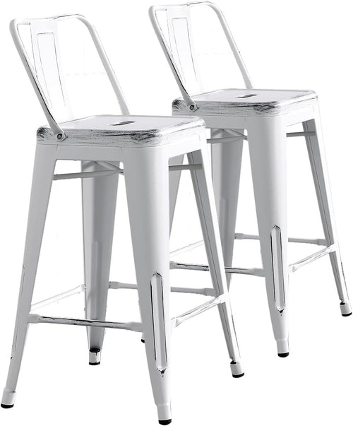 Industrial Metal Bar Stools Set of 2 with Bucket Back, 30" Bar Height, Distressed White