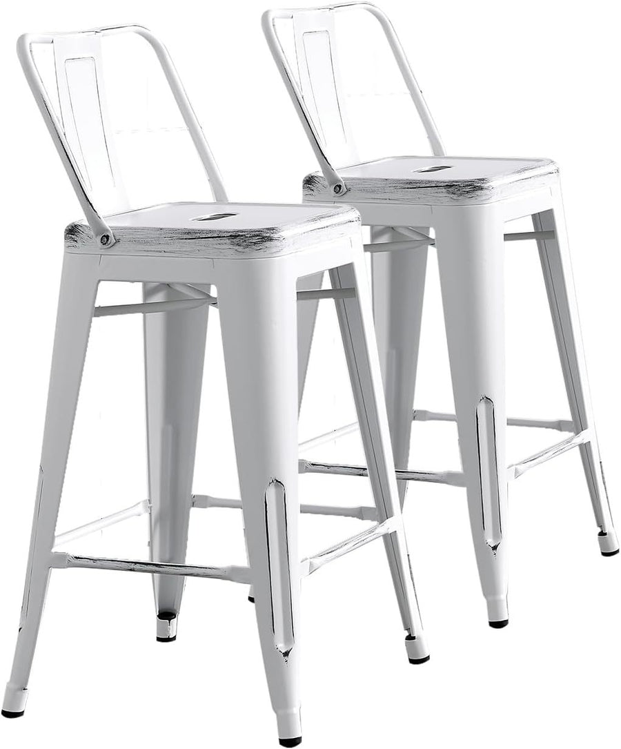 Set of 2 Distressed White Bucket Back Barstools | 30' Seat Industrial Metal Stools