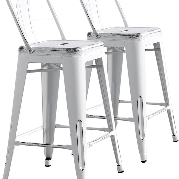 Industrial Metal Bar Stools Set of 2 with Bucket Back, 30" Bar Height, Distressed White