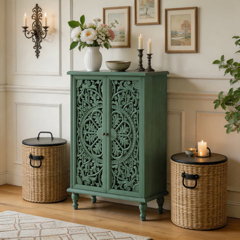 Farmhouse Accent Cabinet with Carved Hollow Doors and Turned Legs, Antique Green, view 3