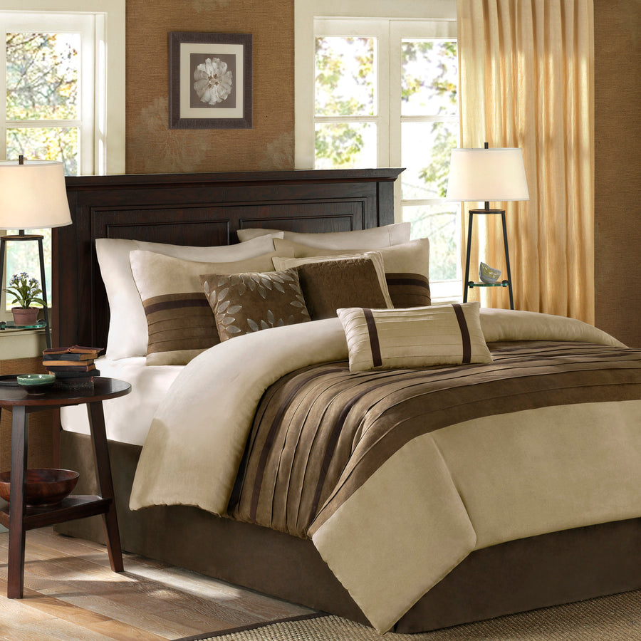 7 PC Pieced Faux Suede Comforter Set Natural Queen