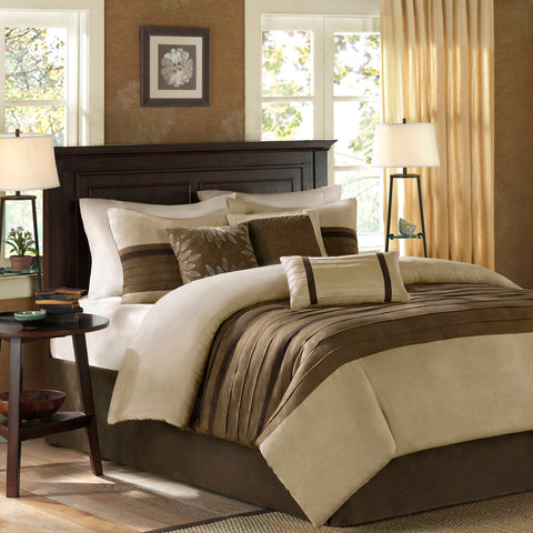 7 PC Pieced Faux Suede Comforter Set Natural Queen