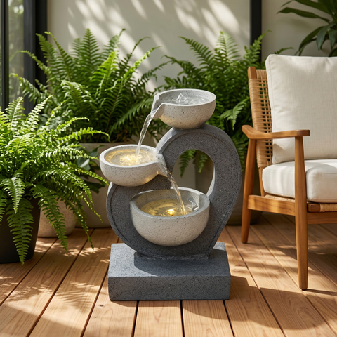 3-Tier Bowl Fountain with Warm LED Lights, 19.7 in Gray Stone-Look Resin