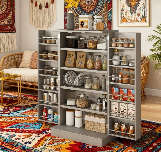 5-Tier Adjustable Storage,Pantry Cabinet,for Kitchen,Door Shelves,Double Doors