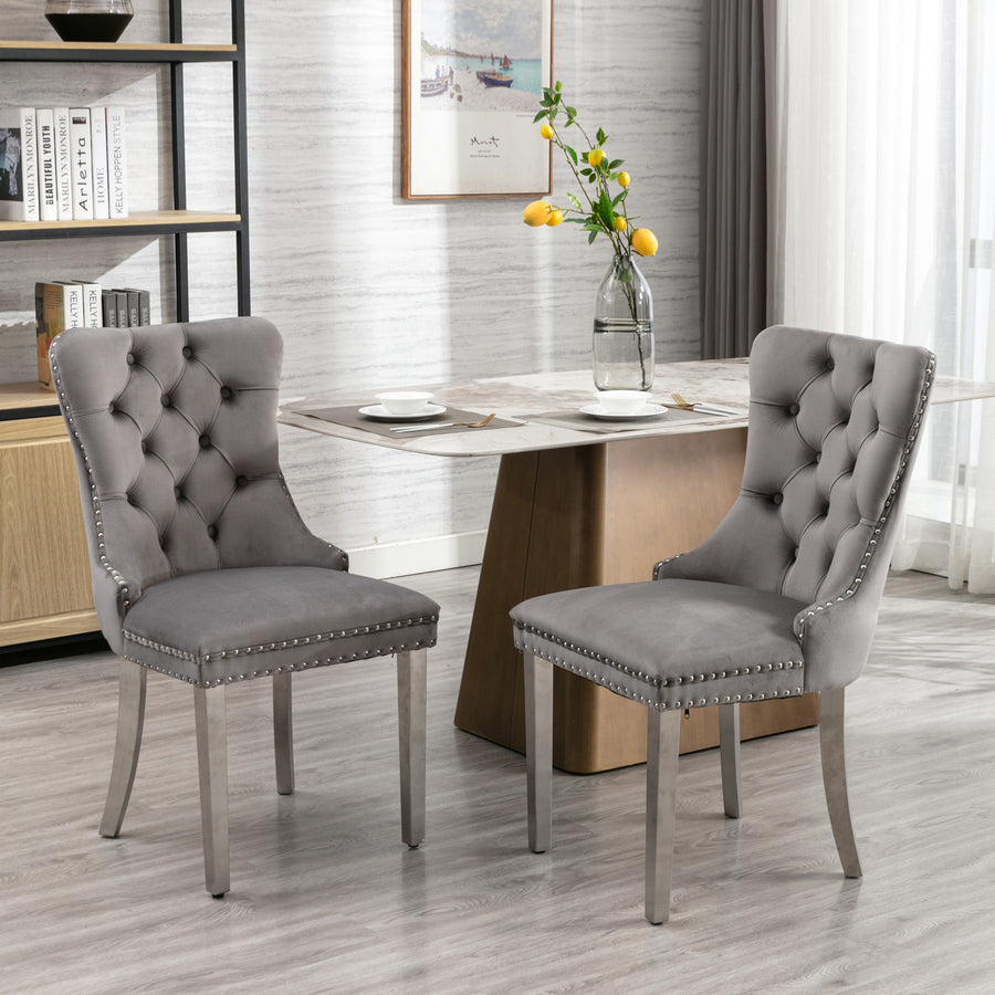 Nikki Collection 2PC Modern Tufted Dining Chairs - Velvet Chrome Steel Legs Gray Chrome