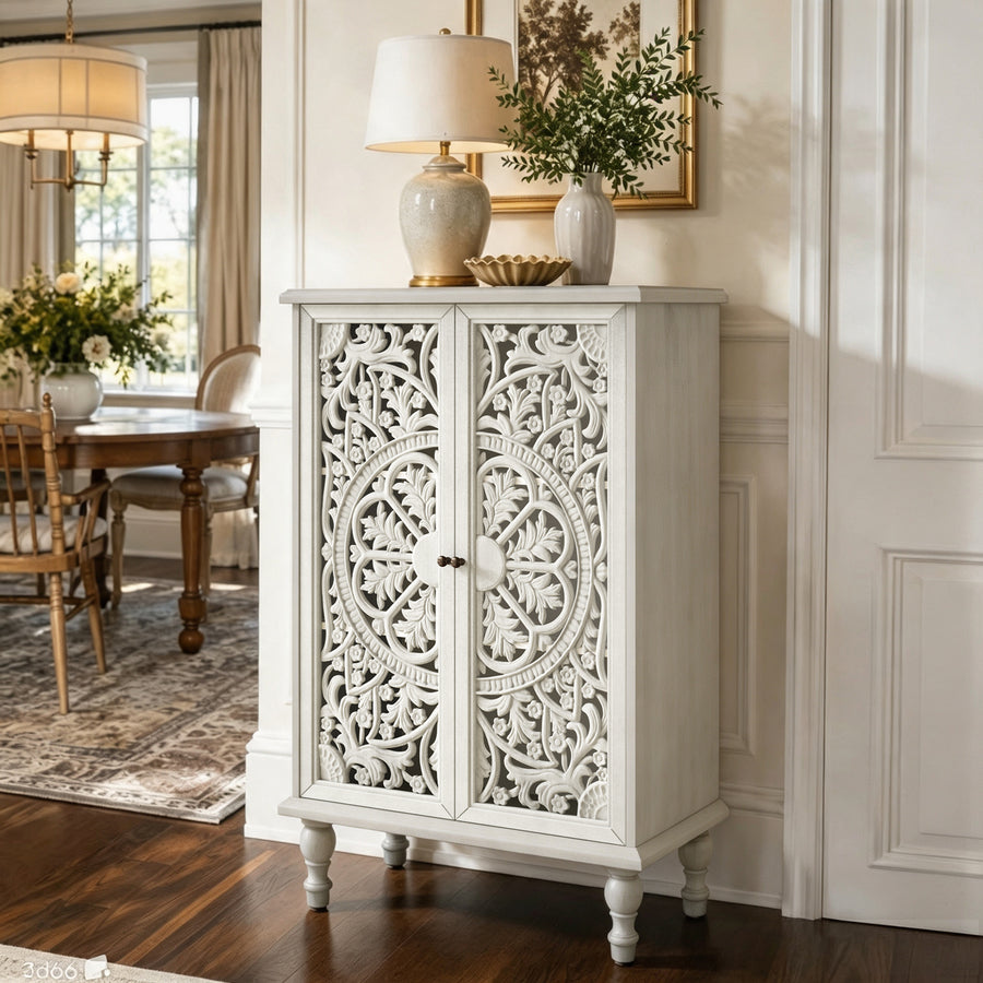 Farmhouse Accent Cabinet with Carved Hollow Doors and Turned Legs, Antique White, view 2